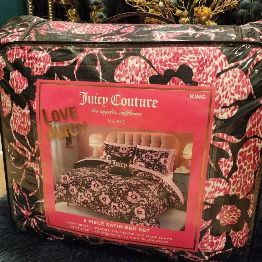 Juicy Couture Floral Satin King 8pc Comforter Set Black w/Pink Leopard Flowers